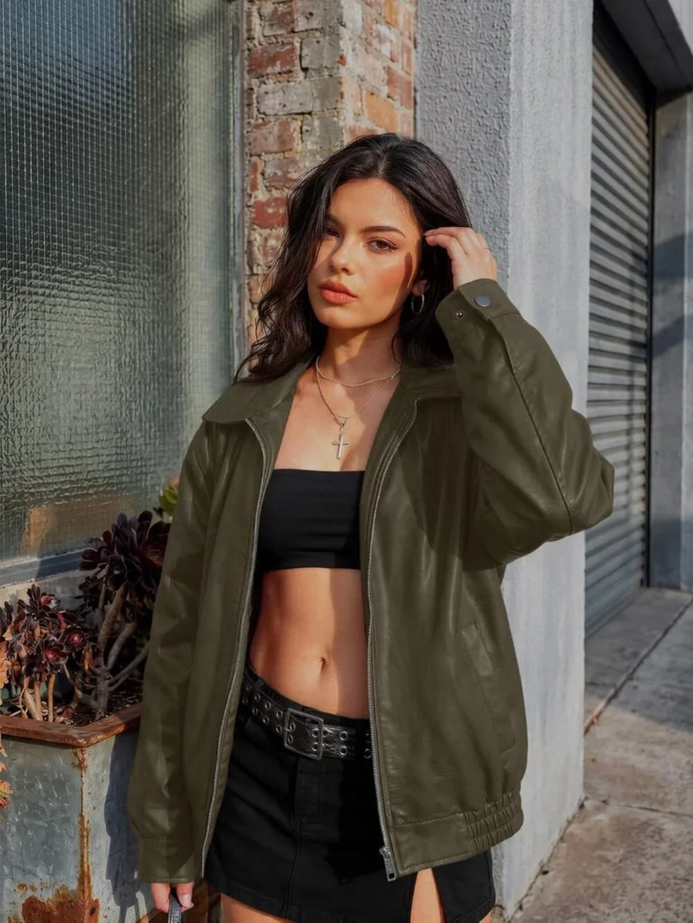 Women Army Green Oversized Faux Leather Loose Weight Fal Winter Outerwear Jacket